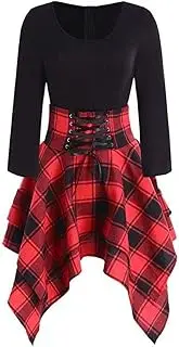 [Generic] Womens Tartan Plaid Print Cross Lace Up Long Sleeve O-Neck Asymmetrical Dress High Low Party Dress A-Line Skirts