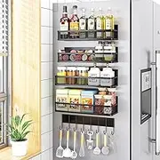 NestHub Magnetic Spice Rack for Refrigerator, 5 Pack Magnetic Shelf, Moveable Magnetic Fridge Organizer with 10-Hook Rack, Seasoning Organizer for Kitchen Organization and Storage (5 Pack)
