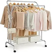 SONGMICS Clothes Rail, Clothes Rack, Double Clothes Hanging Rail, Heavy-Duty Metal Frame, with Wheels and Shelf, 100 kg Total Max. Load, 103.5 cm Wide, Clothing Storage, Silver HSR107E01