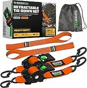 Retractable Ratchet Tie Down Straps (Pack of 2) - 3000lb Break Resistance Including (2) 2" x 10ft Self Retracting Tie Down Straps with Padded Handles - Orange