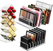 3Pcs Eyeshadow Palette Organizer, FHDUSRYO 7 Section Makeup Palette Organizer, 2 Acrylic Palette Organizer with 1 Lipstick Holder, Clear Palettes Storage Holder for Cosmetics Blush, Bathroom Vanity
