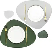 Olrla Dual-sided Placemats and Coaster Sets of 6, PU Leather Place Mat Non-slip Wipeable Waterproof for Kitchen Indoor Dining Table Restaurant Party Outdoor BBQ(Green/Grey)