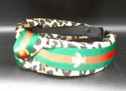 Quindhym Gold Bee Light Coffee Leopard Print Green & Red Satin Knotted Headband