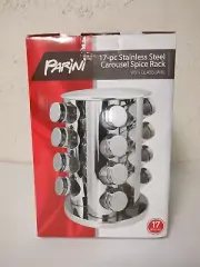 NIB Parini 17-pc Stainless Steel Carousel Spice Rack - Glass Jars
