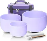 Hye-eun Purple Crystal Singing Bowls Set of 3, 432hz 8"B 10"F 12"C Frosted Quartz Chakra Sound Bowl with Beige Carrying Case for Sound Healing Yoga Meditation