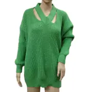 Nevenka Womens V Neck Sweaters Hollow Out Knit Pullover-Green