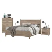 4 Pieces Bedroom Suite Natural Wood Like MDF Structure Double Size Oak Colour Bed, Bedside Table & Tallboy