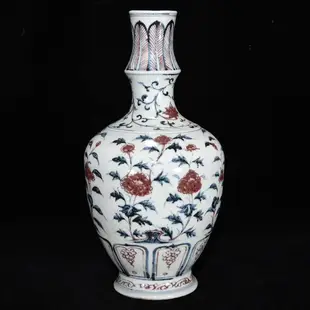 明洪武青花釉里紅花卉紋瓶，34.5×18，500