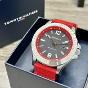 NEW✅ Tommy Hilfiger Preppy Steel Red Silicone Black Date Dial Mens Watch 1710540