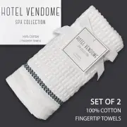 2 New HOTEL VENDOME Cotton Fingertip Towels Waffle Texture White w/ Dk Blue Band