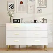 Boonatu White Dresser for Bedroom with 6 Drawers, White Dresser, Wood Dressers Chest of Drawers with Gold Handles, Modern LED Bedroom Dresser with Drawers for Closet Hallway, Living Room, White