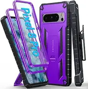[FNTCASE] for Google Pixel 8 Pro Case: Built-in Screen Protector & Kickstand & Belt-Clip Holster, Extra Front Frame, Full-Body Dual Layer Rugged Military Shockproof Cell Phone Protective Cover Purple
