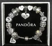 AUTHENTIC Pandora Silver Bracelet With White European Charms Mom, Wife, Love