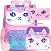 3 Piece Kids Backpack Set With Lunch Box Cat