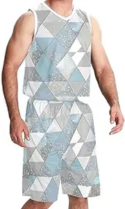 [KQNZT] Basketball Jersey and Shorts, Jersey Shorts Outfit Set, Hip hop Clothing for Party, Geometric Modern Triangle Pattern