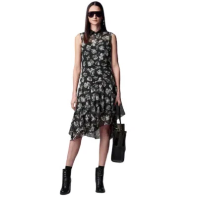 Simply Vera Wang Women Black Floral Sleeveless Chiffon Midi Shirt Dress Sz L NWT