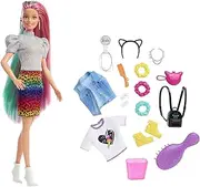 Barbie Leopard Rainbow Hair Doll (Blonde) with Colour-Change Hair Feature, 16 Hair & Fashion Play Accessories Including Scrunchies, Brush, Fashion Tops, Cat Ears, Cat Purse & More