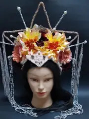 Tribal Fusion Headdress Handmade Beaded Floral Exotic 7"Tall X 15" Wide