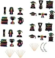 MOKKHNB 72pcs Graduation Scratch Paper with Wooden Sticks and Ribbons Fun DIY Craft for Graduation Celebrations Art Projects and Family Activities