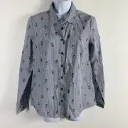 Primark Womens Top Sz 6 Blue Striped Cactus Print Button Front Long Sleeve NEW