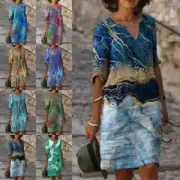 Womens Floral V Neck Floral Midi Dress Ladies Casual Baggy Beach Kaftan Sundress