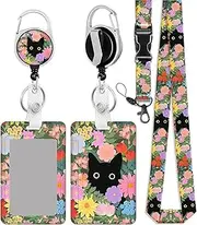 ID Card Holder, 1 Pcs Detachable Retractable Lanyard with Card Holder and Keychain, Lanyard with Card Holder, Retractable Badge Holder Perfect for Office Workers Doctor Nurses Student Teacher(Cat)