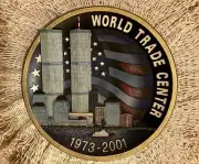 WORLD TRADE CENTER 3-D PLATE W/U.S.A FLAG 7" DIAMETER