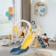 HOMKAI Kids Slide and Swing Set, 7in1 Toddler Slide Playset with Adjustable Swing and Dining-Plate, Basketball Hoop, Ball and Climb Stairs Kids Playset Indoor Outdoor Backyard with Music Player