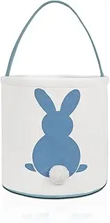 MONOBLANKS Easter Bunny Basket Bags for Kids Canvas Cotton Carrying Gift and Eggs Hunt Bag，Fluffy Tails Printed Rabbit Canvas Toys Bucket Tote (Blue)