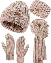 [Winuesa] Women Beanie Scarf Gloves Headband Set, Chenille Winter Hats Fleece Lined Ear Warmer Knit Scarf Touchscreen Gloves 4 Gift Set