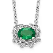 14k White Gold Real Diamond and Oval Emerald 18 inch Necklace