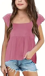 [Bingerlily] Girls Summer Casual Tops Ruffle Short Sleeve T Shirts Cute Babydoll Tees