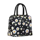 Black Daisy With Handle Insulated Tote Zipper Fashion Food Container Lunch Bag