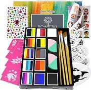 Bowitzki Professional Face Painting Kit for Kids Adults 12 x 10gm Face Paint Set with Stencil One Stroke Split Cakes Palette Non Toxic Rainbow Flora Dolphin Unicorn Flame Body Paint
