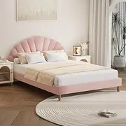 [OIKITURE] Double Size Bed Frame with Scallop-Shape Bed Head Pink Velvet Double Bed Base