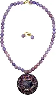 [Generic] Kusum51 Genuine Amethyst Beaded Necklace With Unique Pendant For Women Round Purple Gemstone Beads And Matching Earrings Set
