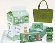 Asahi Paws Complete Greener Pet Care Bundle with Regular Puppy Pads, Compostable Waste Bags, Aloe Vera Compostable Wet Wipes, Travel Pack and Pawrent Lifestyle Tote Bag, Green