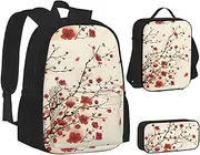 [ERCgad] Japanese Spring Plum Floral Print Canvas 3-In-1 School Bags Set Backpack Lunch Bag Pencil Case Combo For Men Women, Black, One Size
