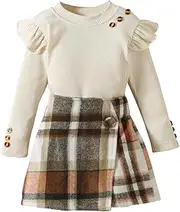[Miipat] Baby Girl Clothes Set 2Pcs Long Sleeve Top with Plaid Skirt Set Toddler Fall Winter Clothing Dresses