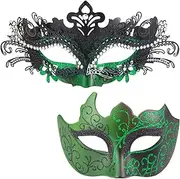 MYSEUNI Masquerade Masks for Couples - Shiny Rhinestone Metal Filigree Venetian Mask & Mens Venetian Mask for Mardi Gras…