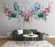 3D Hand-painted, Colorful flower, Elk head Wallpaper