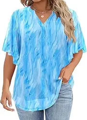 [IN'VOLAND] Women's Plus Size Blouses Short Sleeve Floral Double Layers Mesh V Neck Tunic Tops Dressy Flowy Stretchy Shirts