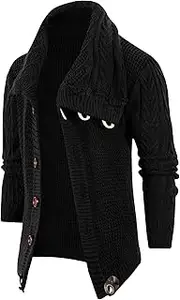 [Gsywaipei] Men's Vintage Knitted Cardigan Button Long Sleeve Male Knits Sweaters Jacket Winter Turtleneck Knit Sweater Coat, Black, L