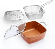GUDAJIN Nonstick Square Deep Frying Pan Set, Square Deep Saucepan, Noodle Pot, Frying Pan Deep Fryer, Deep Fryer with Basket, Cover and Steamer Tray for Frying, Baking, Steaming and Stewing