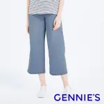 【GENNIES 奇妮】美式直挺牛仔寬褲-藍(孕婦褲 牛仔褲 八分褲 前後口袋 一體成型 無痕褲頭)