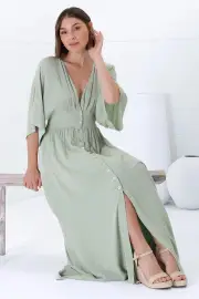 Zyla Maxi Dress - V Neck Button Down Kimono Sleeve Dress in Mint