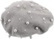 [WRITWAA] Pearl Wool Beret Hat Women's Spring Autumn Beret Cap Vintage Street Fashion Hat for Adults Light Grey