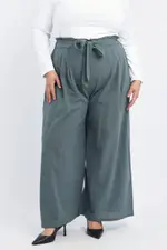 Green Washer Cotton Paperbag Wide Leg Pants