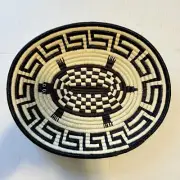 HANDWOVEN BASKET GEOMETRIC TURTLE DESIGN BLACK & NATURAL CREAM COILED 13 X 11 IN