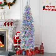 Costway 183CM Pre-lit Christmas Tree 475 Branch Tips Hinged Pencil Tree LED Xmas Decor w/Foldable Metal Stand